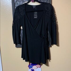 #010 size 00 Torrid NWT Black lace Embellished Wrap Blouse